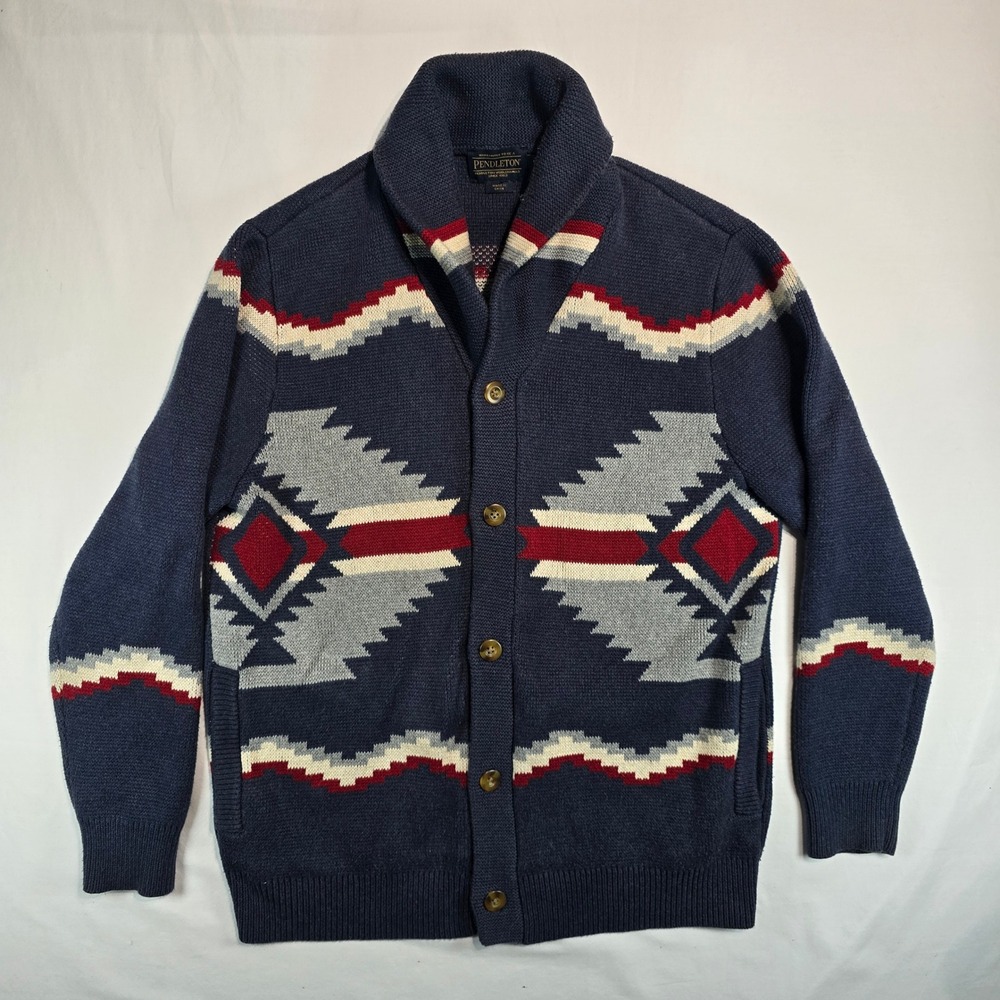 Pendleton Mens Navy Blue woolen millis Cotton Shawl Collar Cardigan Sweater M